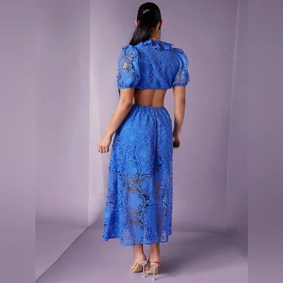 Ruffle Trim Cut Out Waist Lace Overlay Dress - Picture 3 of 8